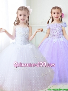 Latest Spaghetti Straps Applique and Beaded Flower Girl Dress in White