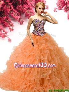 New Style Beaded and Ruffled Orange Quinceanera Dress in Organza