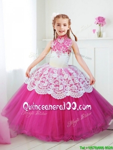 Popular Halter Top Laced and Beaded Little Girl Pageant Dress in Hot Pink