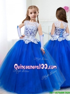 See Through Scoop Royal Blue Little Girl Pageant Dress with Lace and Belt