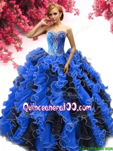 Inexpensive Beaded and Ruffled Sweet 16 Dress in Royal Blue and Black
