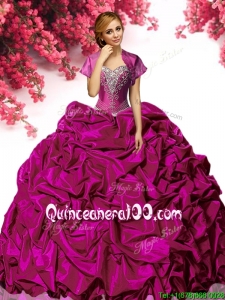 New Style Fuchsia Taffeta Quinceanera Dress with Appliques and Pick Ups