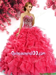Inexpensive Beaded and Ruffled Big Puffy Quinceanera Dress in Red