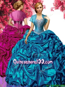 Latest Applique and Pick Ups Taffeta Quinceanera Dress in Teal