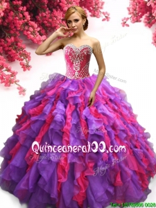 Latest Beaded and Ruffled Quinceanera Dress in Purple and Hot Pink
