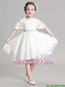 Best Selling Applique and Beaded Flower Girl Dress with Short Sleeves