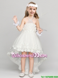 Exclusive High Low Halter Top Flower Girl Dress with Appliques and Bowknot