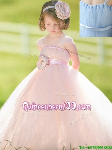 Pretty Straps Baby Pink Flower Girl Dress with Hand Made Flower