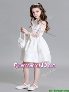 Affordable High Neck Laced Flower Girl Dress with Long Sleeves