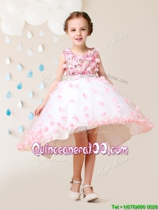 Elegant Applique Decorated Skirt White and Pink Flower Girl Dress in High Low
