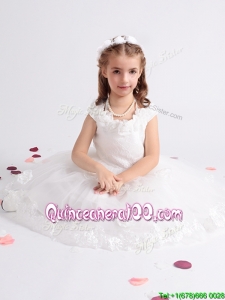 Handcrafted Flowers Decorated Scoop Flower Girl Dress with Cap Sleeves