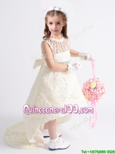Lovely See Through Beaded and Bowknot Flower Girl Dress in Rolling Flowers