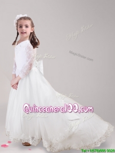 Popular Long Sleeves Bowknot and Laced Flower Girl Dress with Brush Train