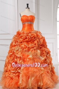 Beading and Rolling Flowers Sweetheart Quinceanera Dress in Orange
