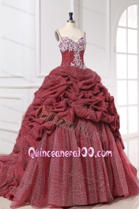 Spaghetti Straps Appliques and Pick-ups Quinceanera Dress in Burgundy