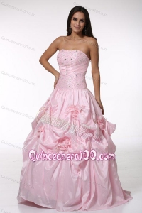 Beading and Hand Made Flowers Strapless Baby Pink Quinceanera Dress