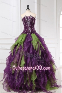 Strapless Green and Purple Organza Quinceanera Dress with Rhinestone