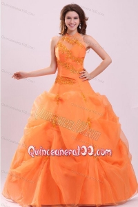 A-line Orange Halter Top Neck Appliques with Beading Quinceanera Dress