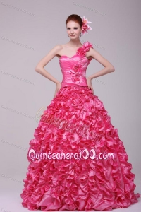 Hot Pink One Shoulder Hand Made Flowers and Ruffles Quinceanera Dress