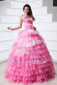 Pink One Shoulder Beading Quinceanera Dress with Ruffles