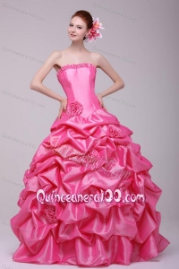 Rose Pink Strapless Hand Made Flowers and Pick-ups Quinceanera Dress