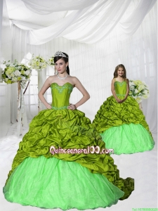 Most Popular Brush Train Olive Green Princesita Dress with Appliques and Pick-ups