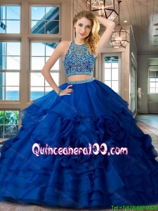 Discount Brush Train Royal Blue Quinceanera Dress with Beading and Ruffles