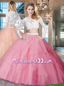 Simple See Through Scoop Zipper Up Quinceanera Dress in Rose Pink