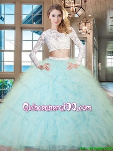Classical Two Piece Beaded Decorated Waist Ruffled Light Blue Quinceanera Dress