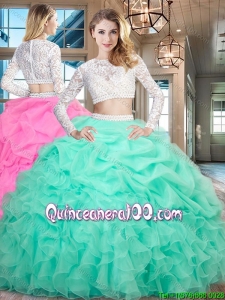 Elegant Two Piece Ruffled and Bubble Mint Quinceanera Dress with Long Sleeves