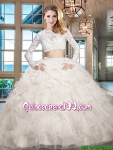 Modern Ruffled Long Sleeves White Quinceanera Dress in Organza and Lace