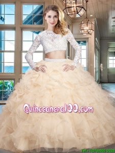 Most Popular Long Sleeves Organza Laced Quinceanera Dress in Champagne