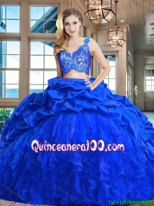 Affordable Tulle and Taffeta Royal Blue Quinceanera Dress with Ruffles and Lace