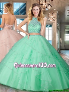 Affordable Two Piece Halter Top Backless Mint Quinceanera Dress in Tulle