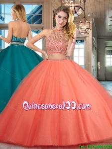 Best Selling Two Piece Halter Top Backless Quinceanera Dress with Beading