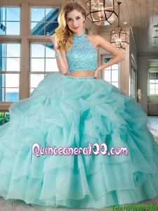 Elegant Halter Top Beaded and Bubble Quinceanera Dress with Ruffled Layers