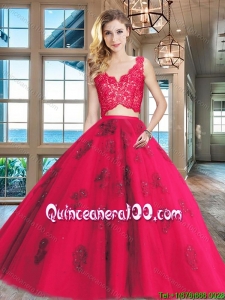 Exclusive Two Piece Applique and Laced V Neck Quinceanera Dress in Tulle
