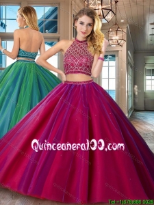 Fashionable Backless Halter Top Fuchsia Quinceanera Dress with Brush Train