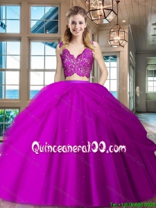 Hot Sale V Neck Fuchsia Quinceanera Dress with Ruffled Layers and Lace