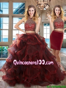 Lovely Halter Top Burgundy Tulle Detachable Quinceanera Gown with Ruffles and Beading