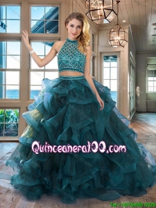 Luxurious Backless Beaded Decorated Halter Top Quinceanera Dress with Brush Train