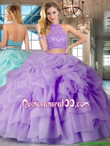 Most Popular Two Piece Lavender Brush Train Quinceanera Dress with Beading and Bubbles