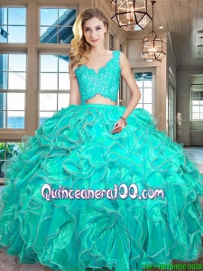 New Style Organza Turquoise Quinceanera Dress with Laced Bodice and Ruffles