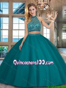 Perfect Beaded Decorated Halter Top and Bodice Teal Sweet 16 Dress in Tulle