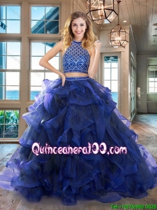 Pretty Two Piece Ruffled and Beaded Royal Blue Quinceanera Dress with Brush Train