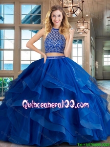 Romantic Halter Top Tulle Brush Train Quinceanera Dress in Royal Blue