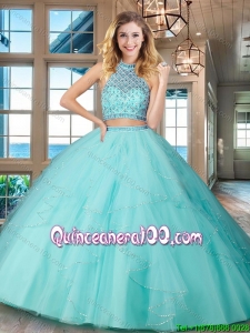 Simple Puffy Skirt Aqua Blue Quinceanera Dress with Ruffles and Beading