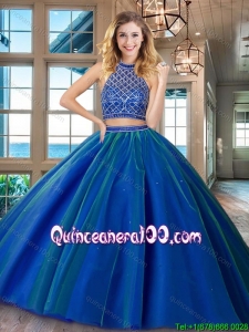 Top Seller Two Piece Brush Train Tulle Quinceanera Dress in Royal Blue