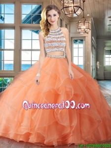 Affordable Beaded Bodice and Ruffled Orange Quinceanera Dress with Brush Train