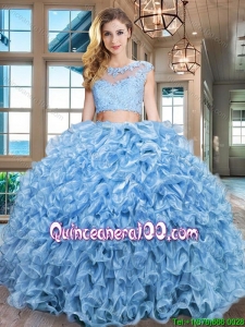 Cheap Two Piece Ruffled and Beaded Zipper Up Quinceanera Gown in Baby Blue